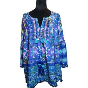 Fig & Vine Womens tunic w/sequin, tassels & pockets SZ L Hippie Boho Swimcover